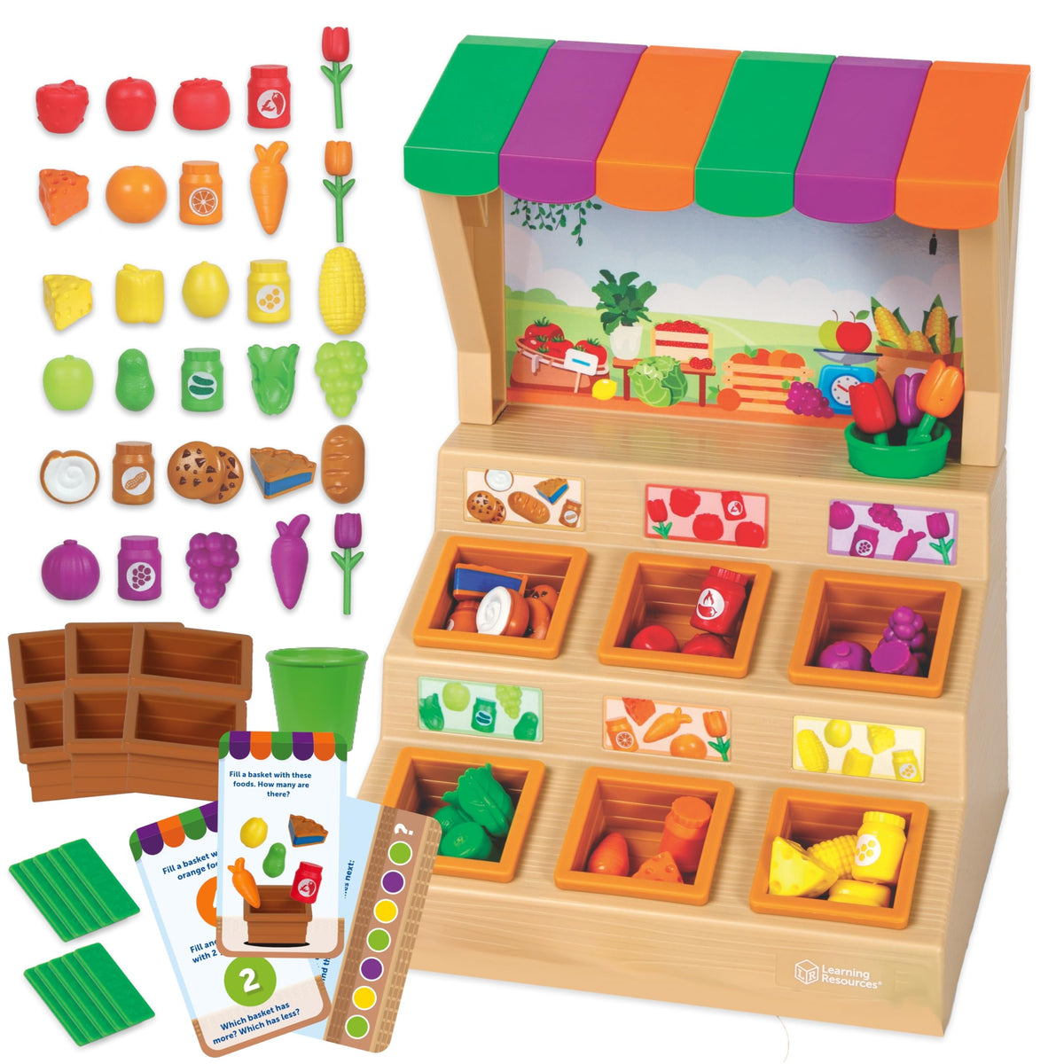 Learning Resources mini-farmstand with six baskets boosts sorting skills.