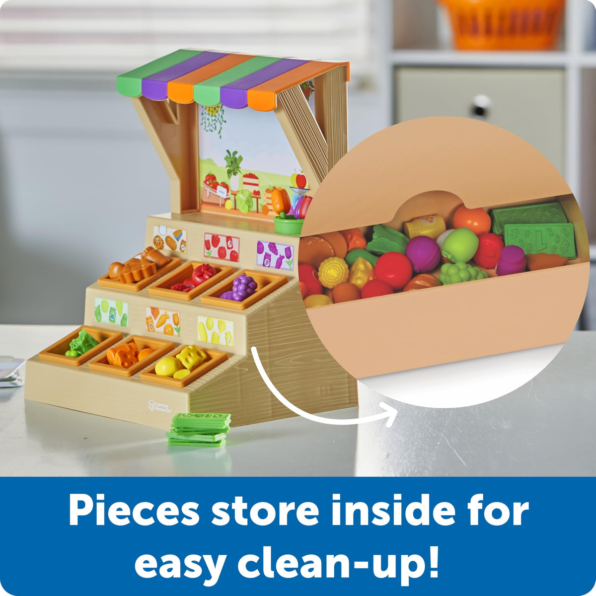 Learning Resources mini-farmstand fruits and vegetables for color and counting.