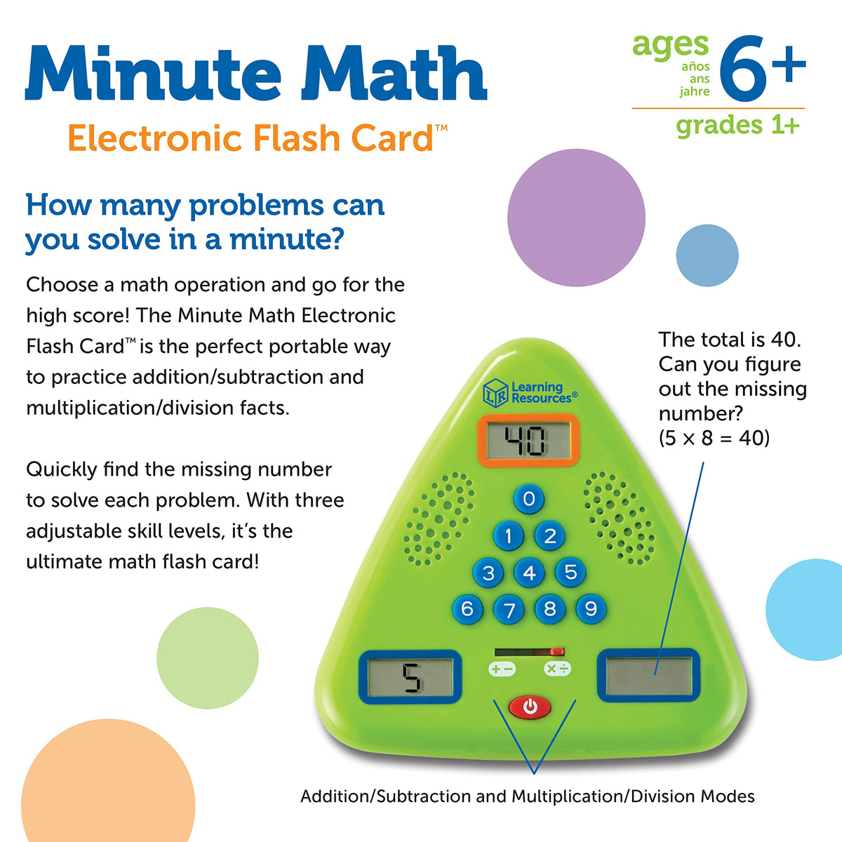 Learning Resources Minute Math runs on three AAA batteries for portable learning