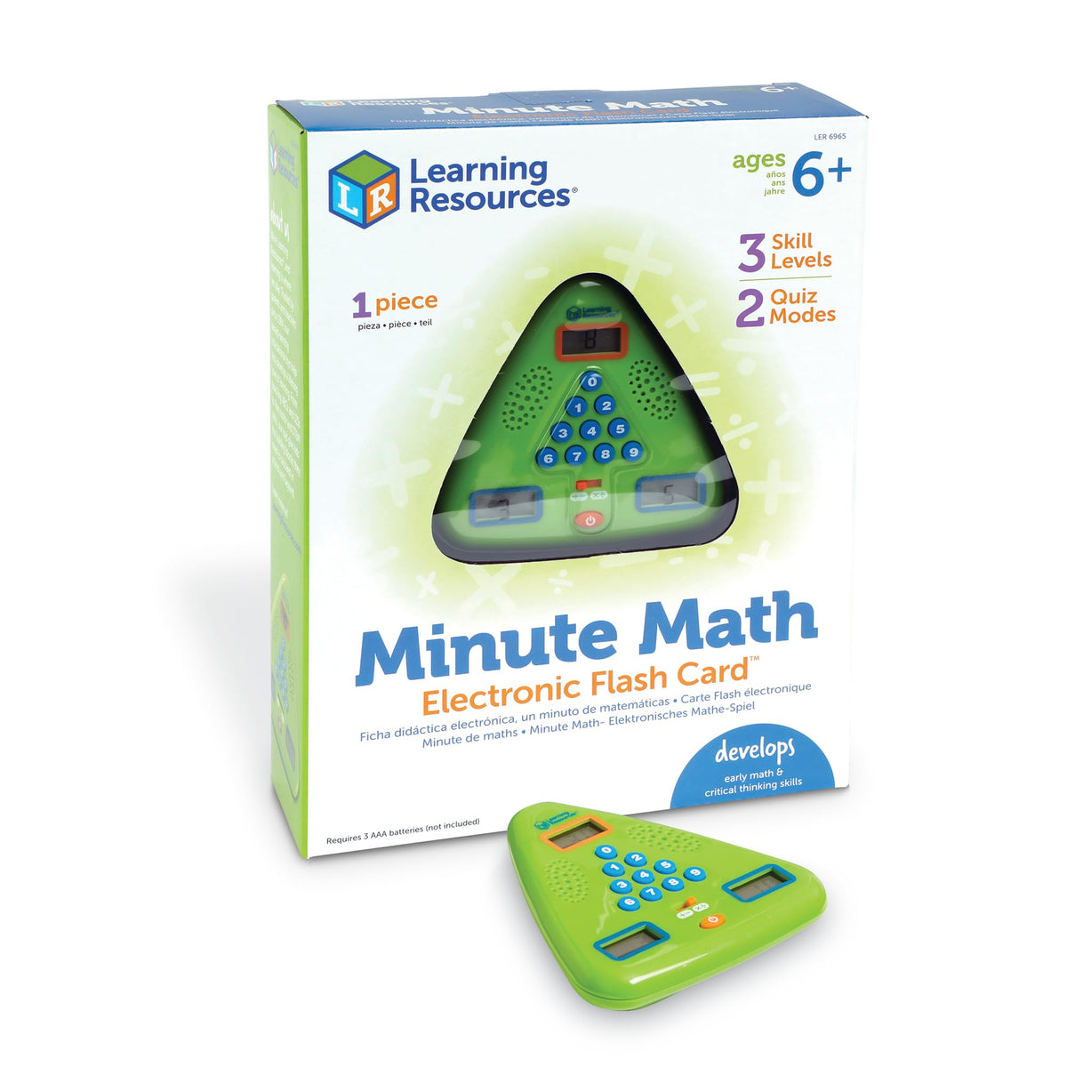 Learning Resources Minute Math electronic flash card in hand supports quick math fact recall