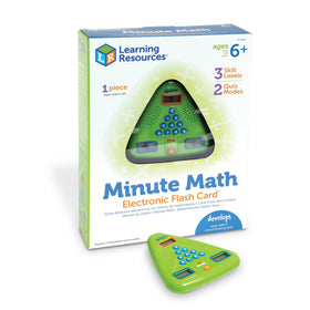 Learning Resources Minute Math electronic flash card in hand supports quick math fact recall