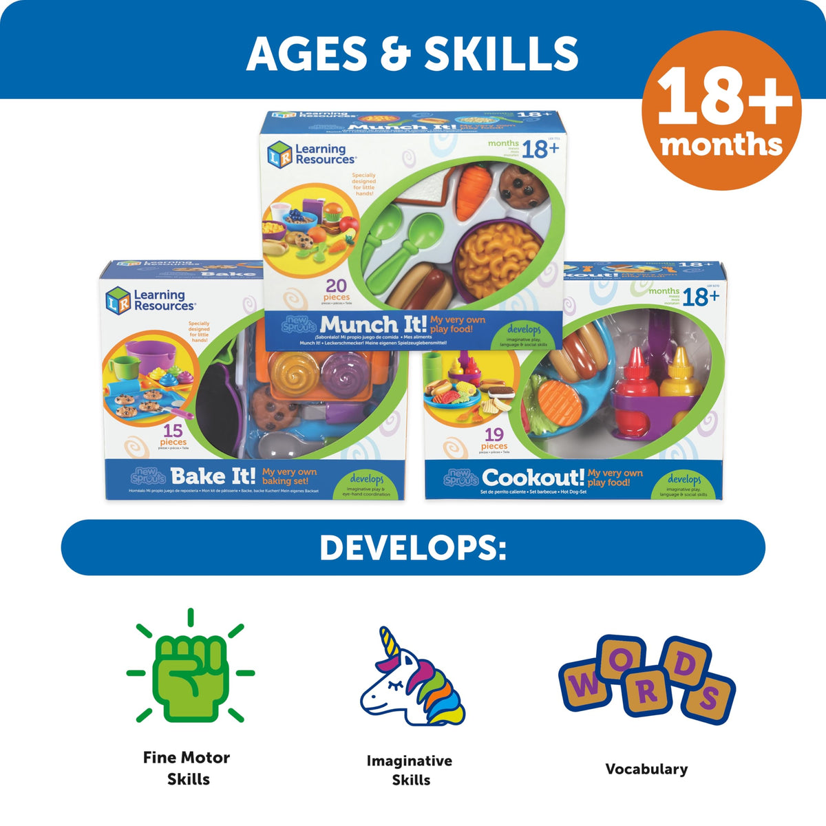 Learning Resources New Sprouts Munch It! yogurt cup and juice box for graspable snacks during play.