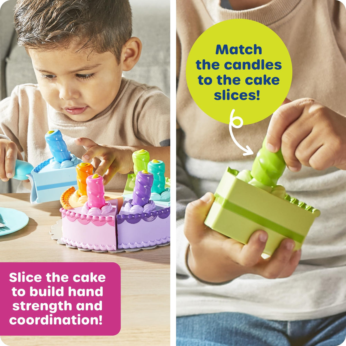 Learning Resources New Sprouts Birthday Cake candles paired with slices promote color recognition during play.