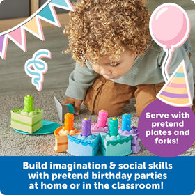 Learning Resources New Sprouts Birthday Cake plates and forks support realistic pretend dining experiences.