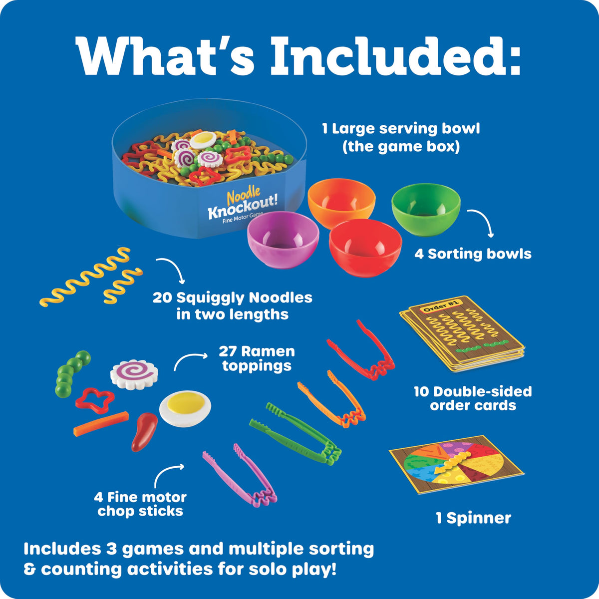 Learning Resources Noodle Knockout storage bowl doubles as game board.