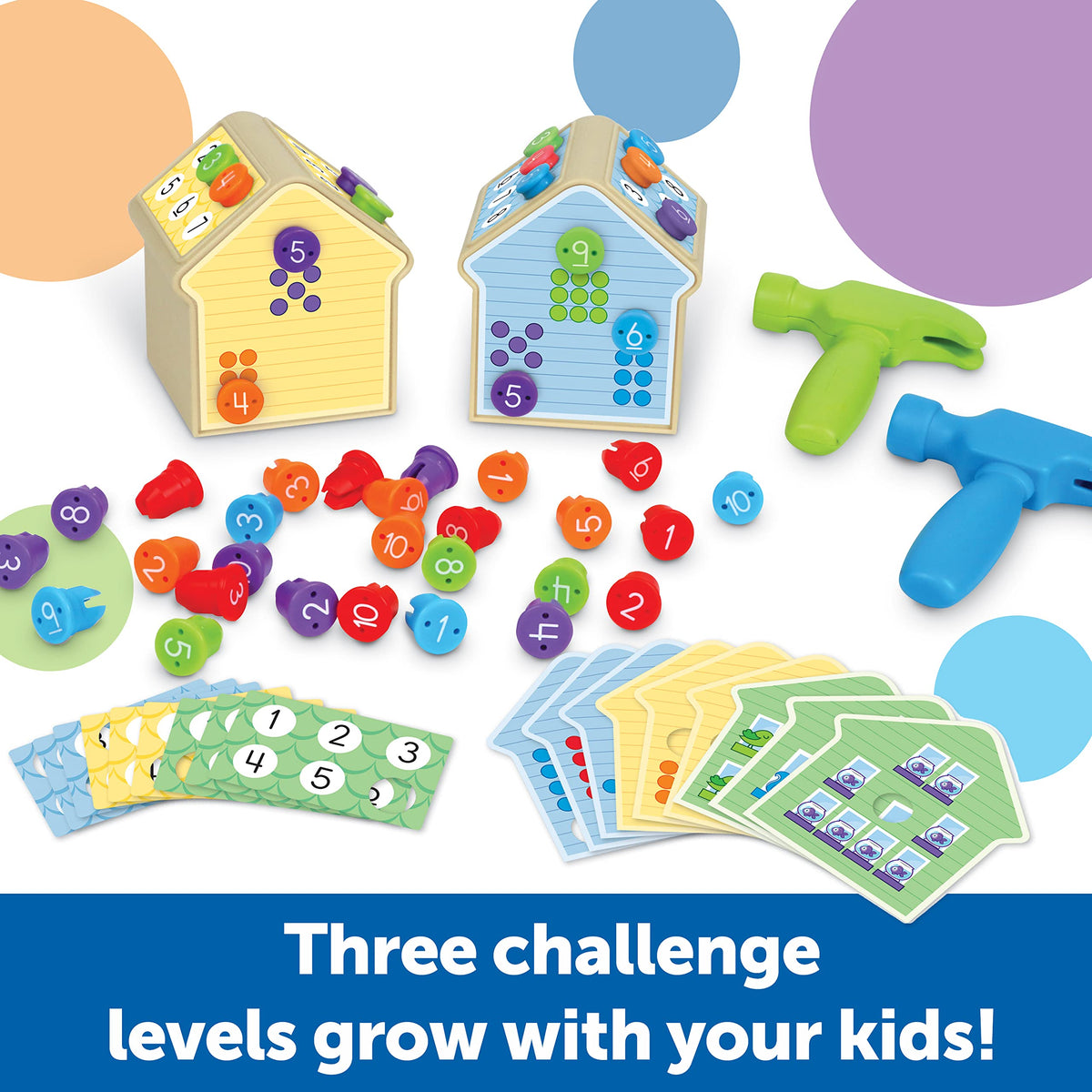 Learning Resources Number Nails challenge cards guiding progressive math tasks.