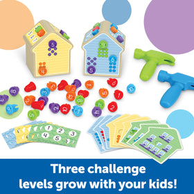 Learning Resources Number Nails challenge cards guiding progressive math tasks.