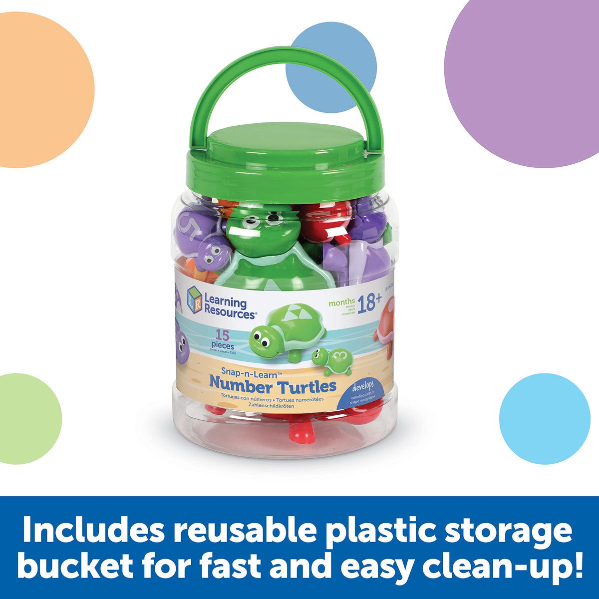 Learning Resources Number Turtles storage bucket keeps pieces organized after play