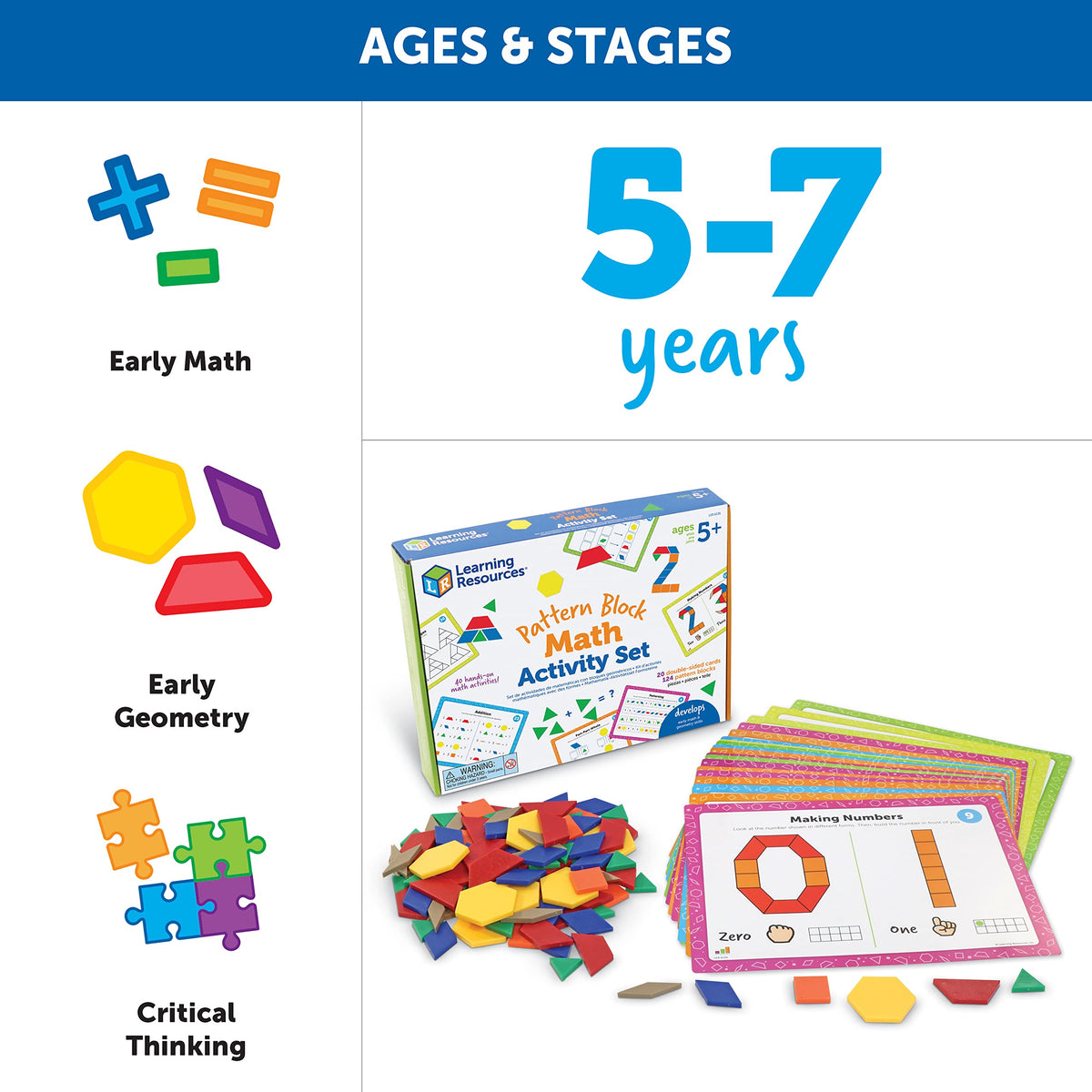 Learning Resources durable blocks and cards for long-term classroom or home use.