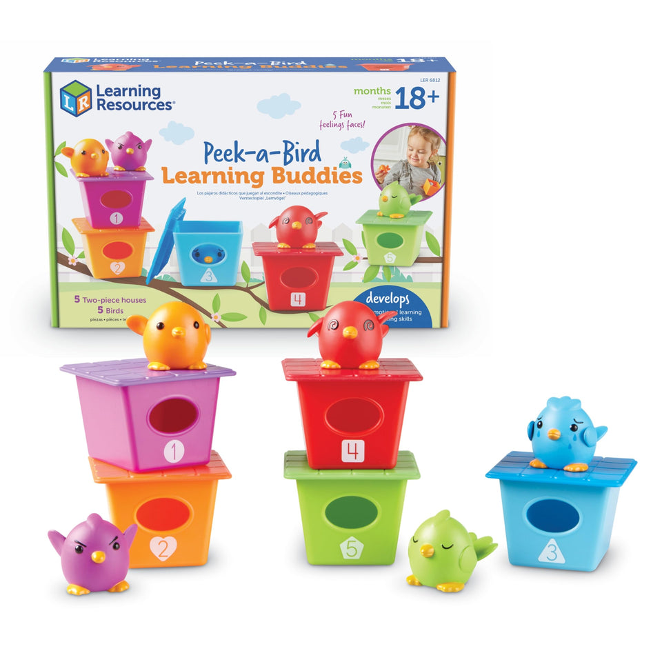 Learning Resources Peek-a-Bird bird houses pop open for fine motor play and exploration.
