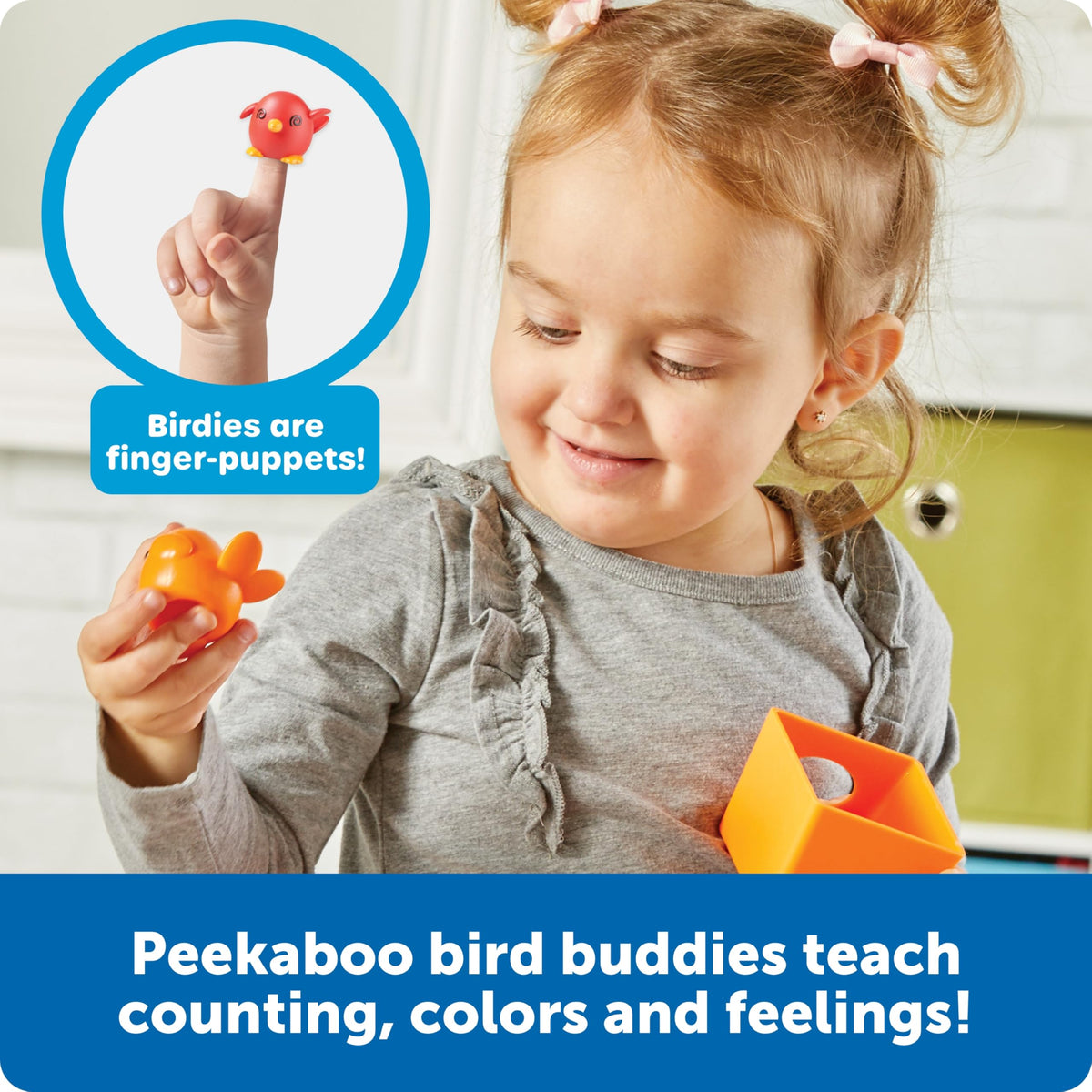Learning Resources Peek-a-Bird puppets display varied expressions for social-emotional learning.