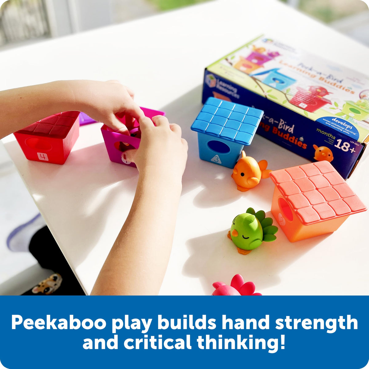 Learning Resources Peek-a-Bird colors support counting and color recognition activities.
