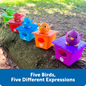 Learning Resources Peek-a-Bird set strengthens fine motor skills through opening and closing houses.