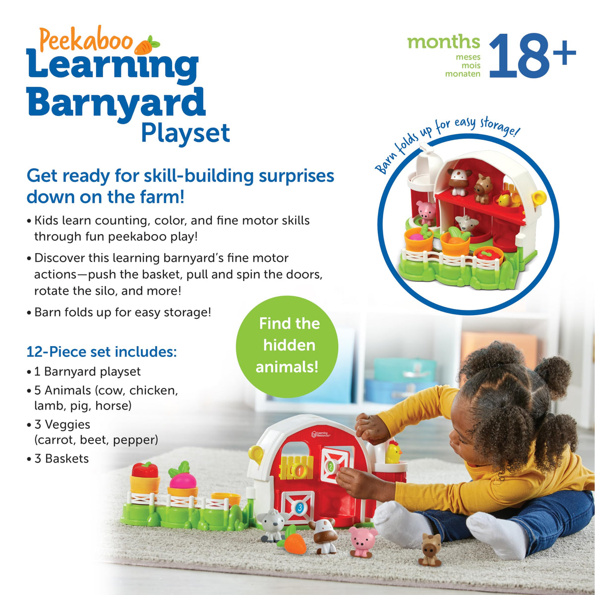 Learning Resources Peekaboo Barnyard folded barn enables quick cleanup and portability.