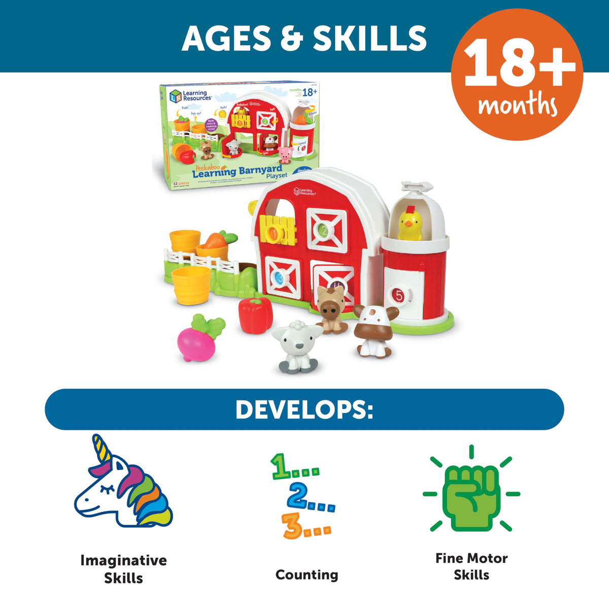 Learning Resources Peekaboo Barnyard silo doors and rotation encourage interactive discovery.