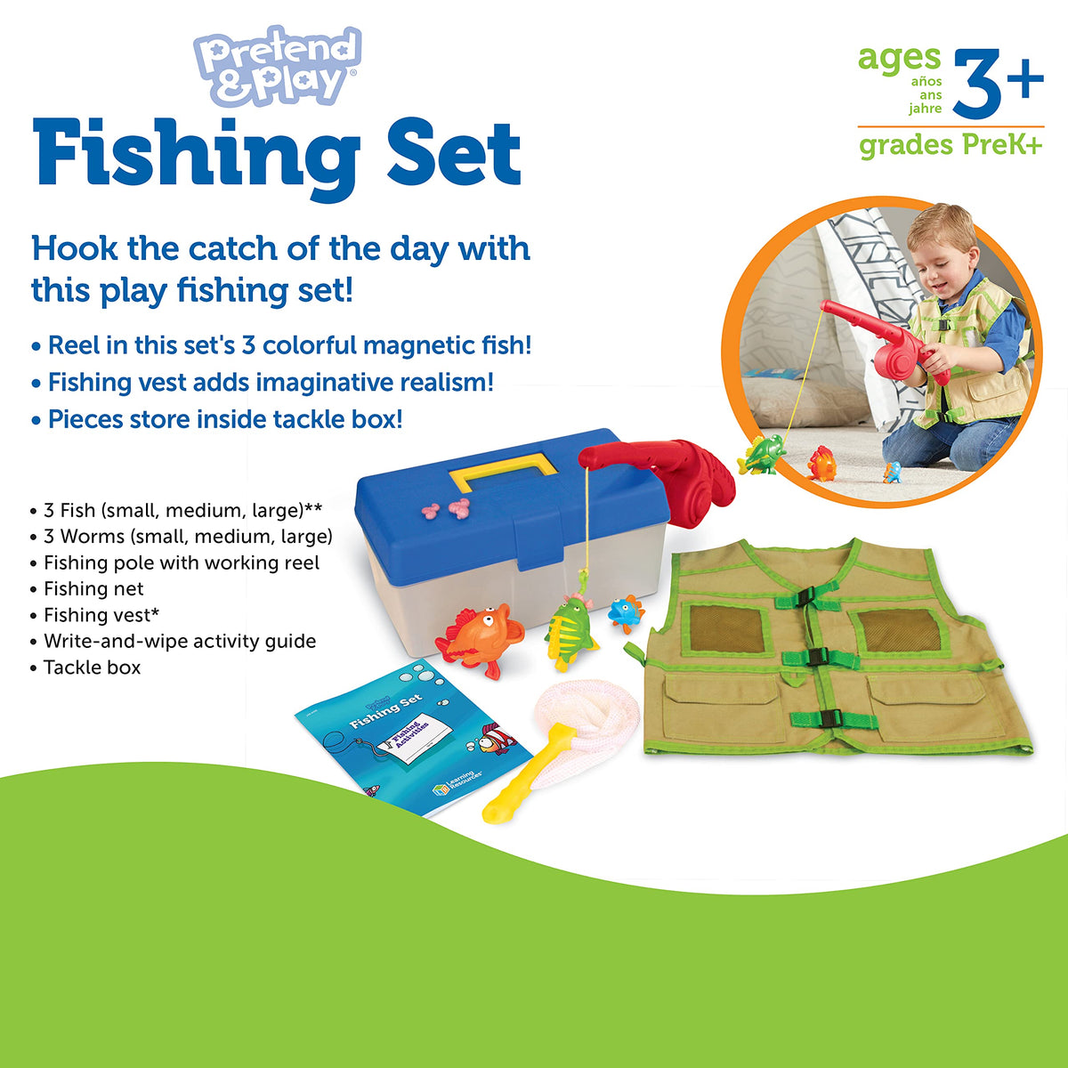 Learning Resources plastic tackle box keeps all pieces organized.