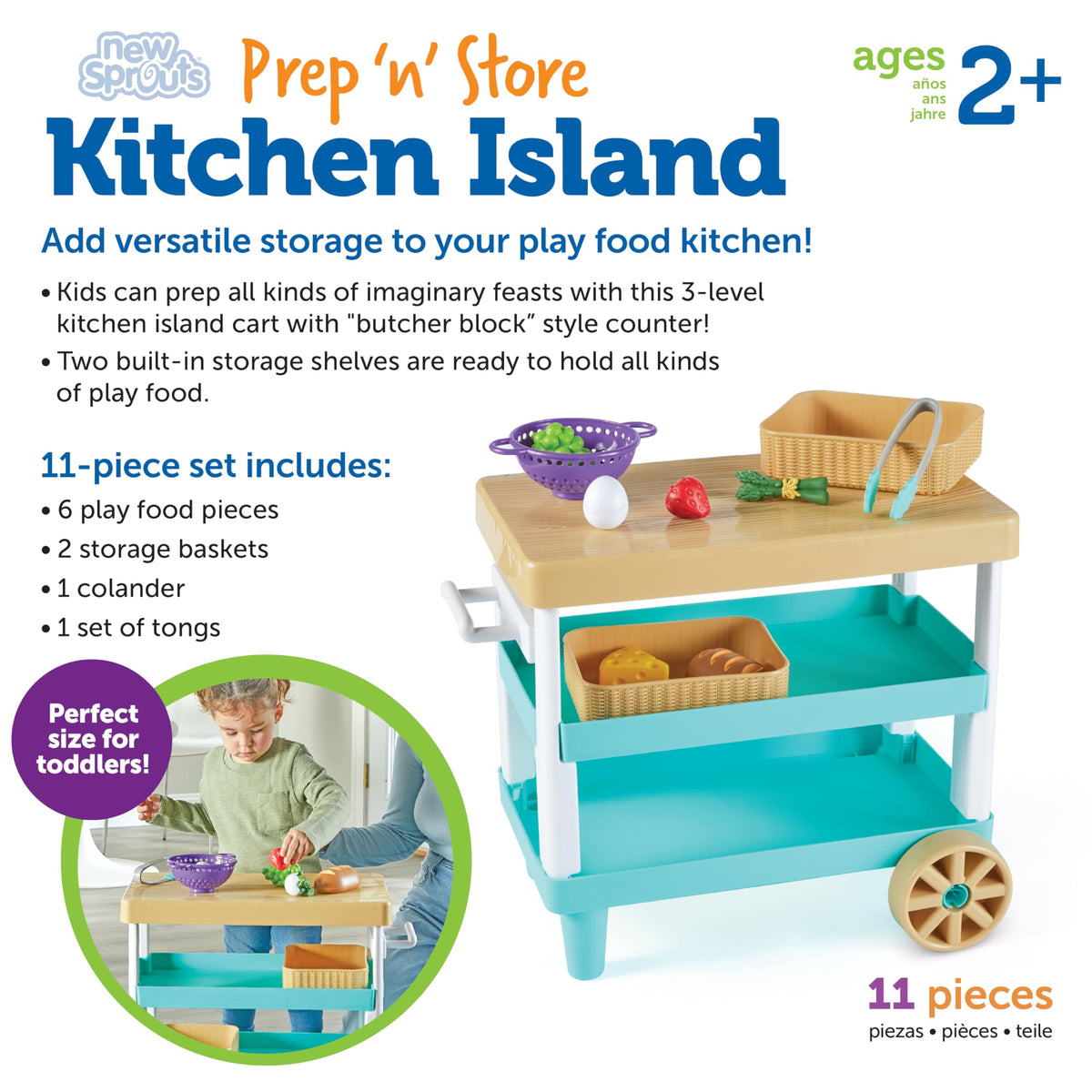 Learning Resources Prep n Store Kitchen Island colander element adds realistic prep activities.