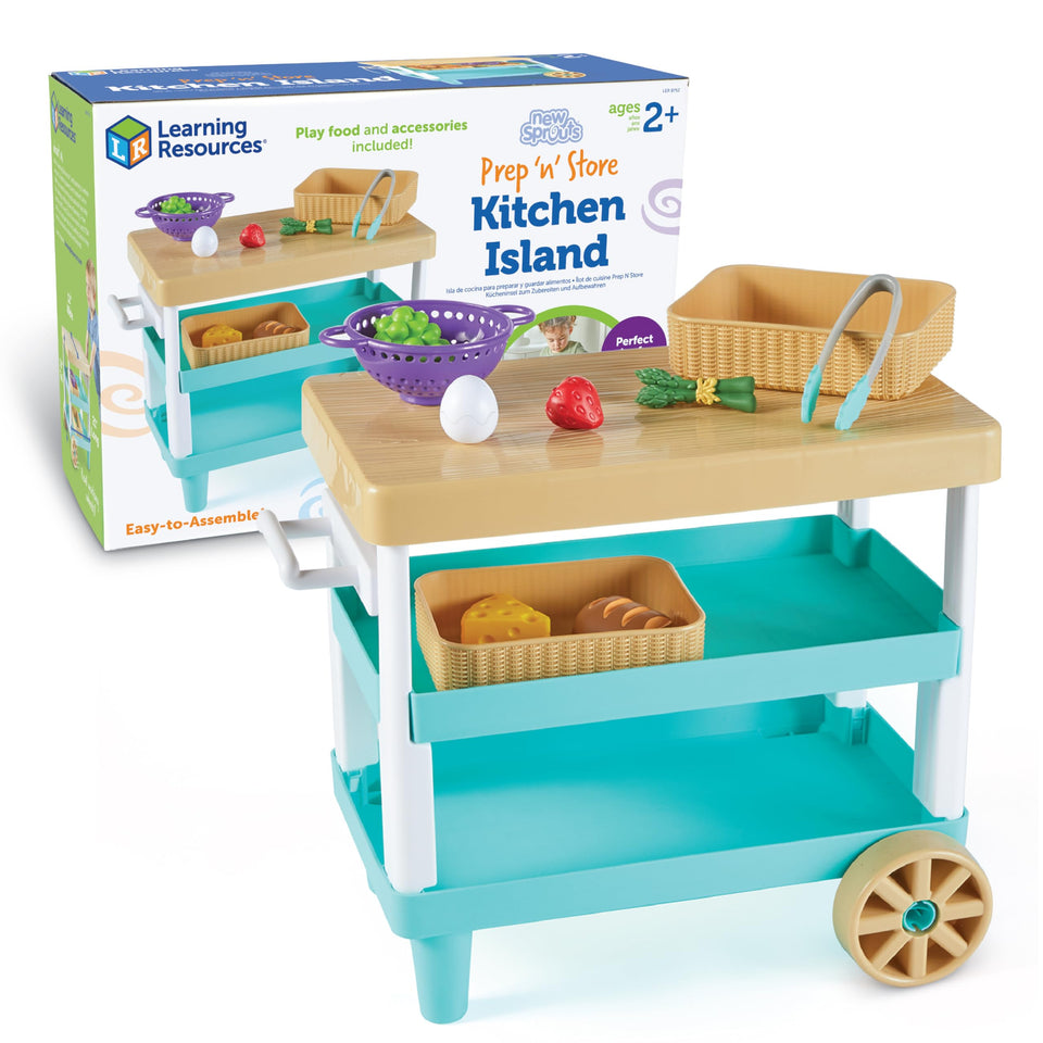 Learning Resources Prep n Store Kitchen Island countertop fosters imaginative play and organization.