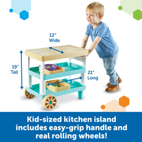 Learning Resources Prep n Store Kitchen Island wheels enable easy relocation during play.