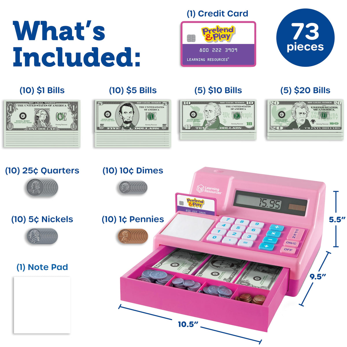 Learning Resources child presses large keypad buttons during pretend purchases and change calculations