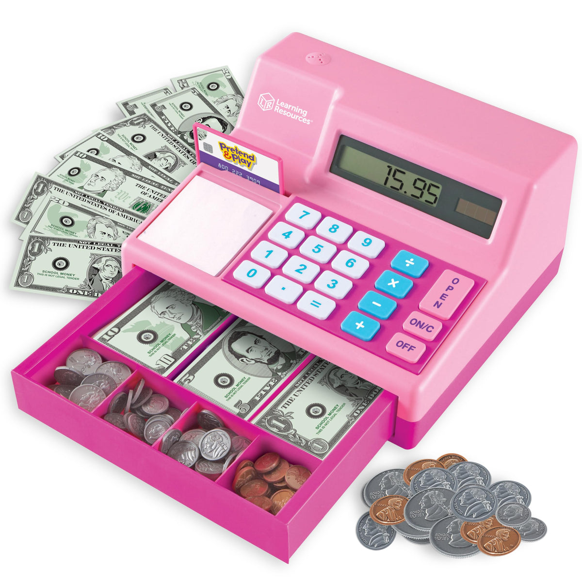 Learning Resources Pretend and Play Calculator Cash Register pink front view for realistic shopping play