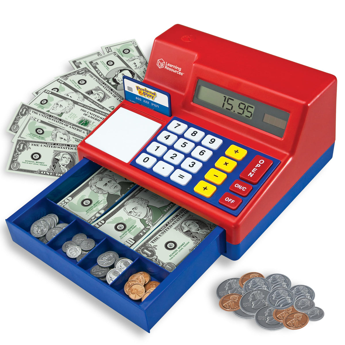 Learning Resources pretend-play calculator cash register with open drawer and ka-ching sound