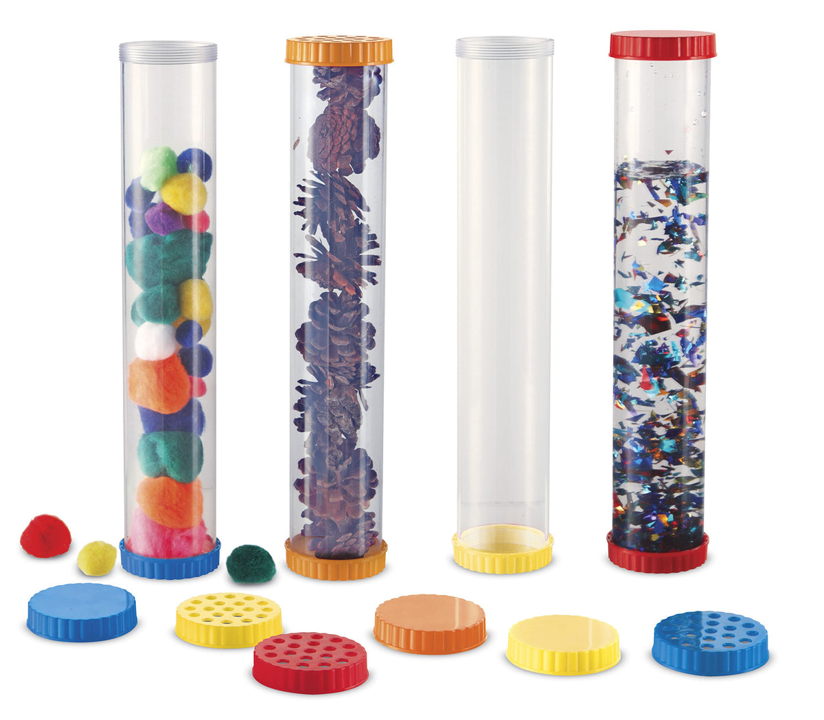 Learning Resources sensory tubes with solid and vented lids for varied sensory experiences.