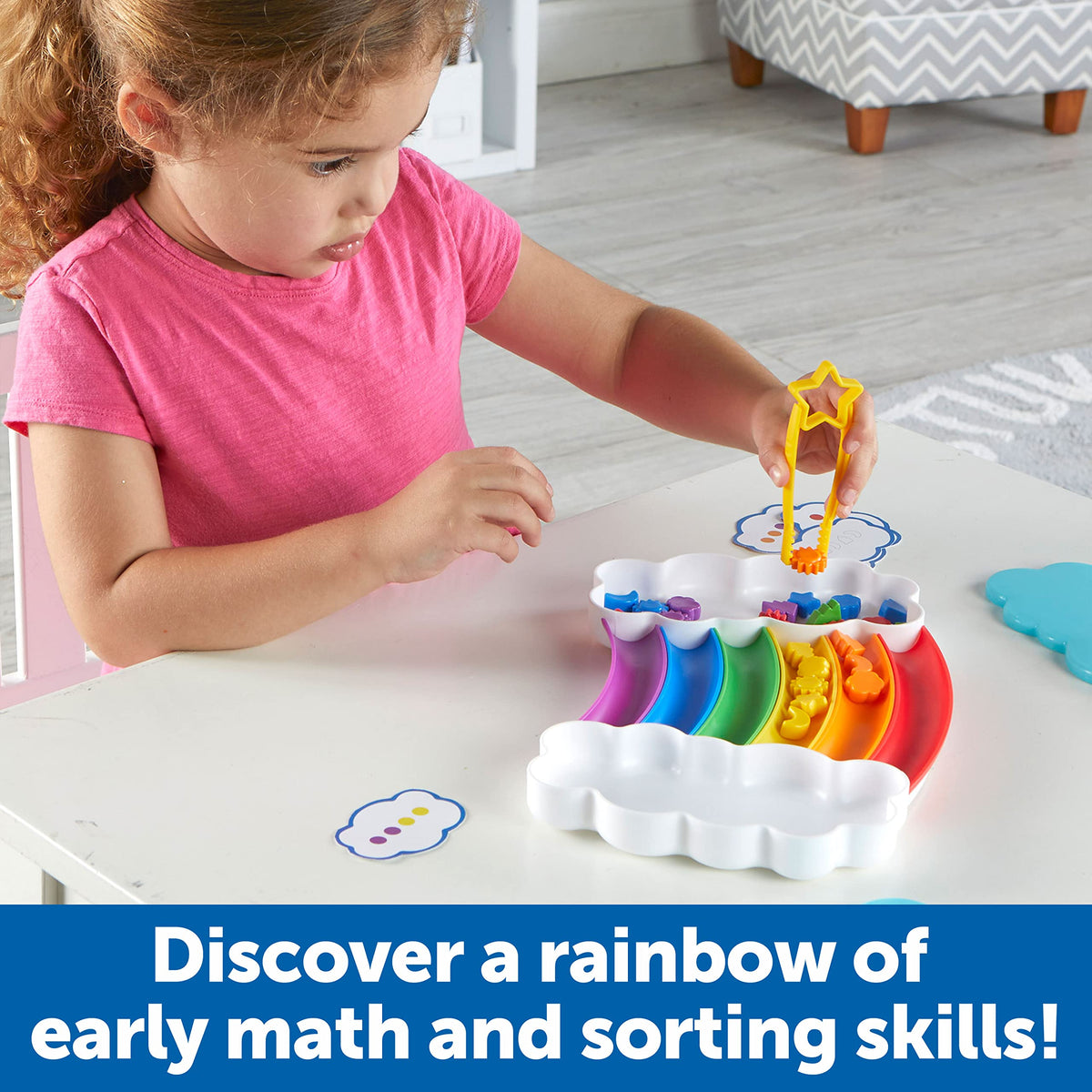 Learning Resources Rainbow Sorting Set fine motor tongs aiding hand strength and coordination.
