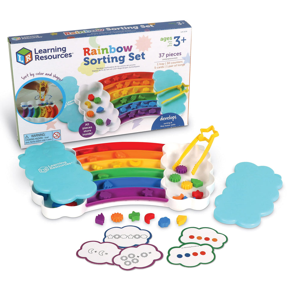 Learning Resources Rainbow Sorting Set tray with rainbow compartments for color sorting.
