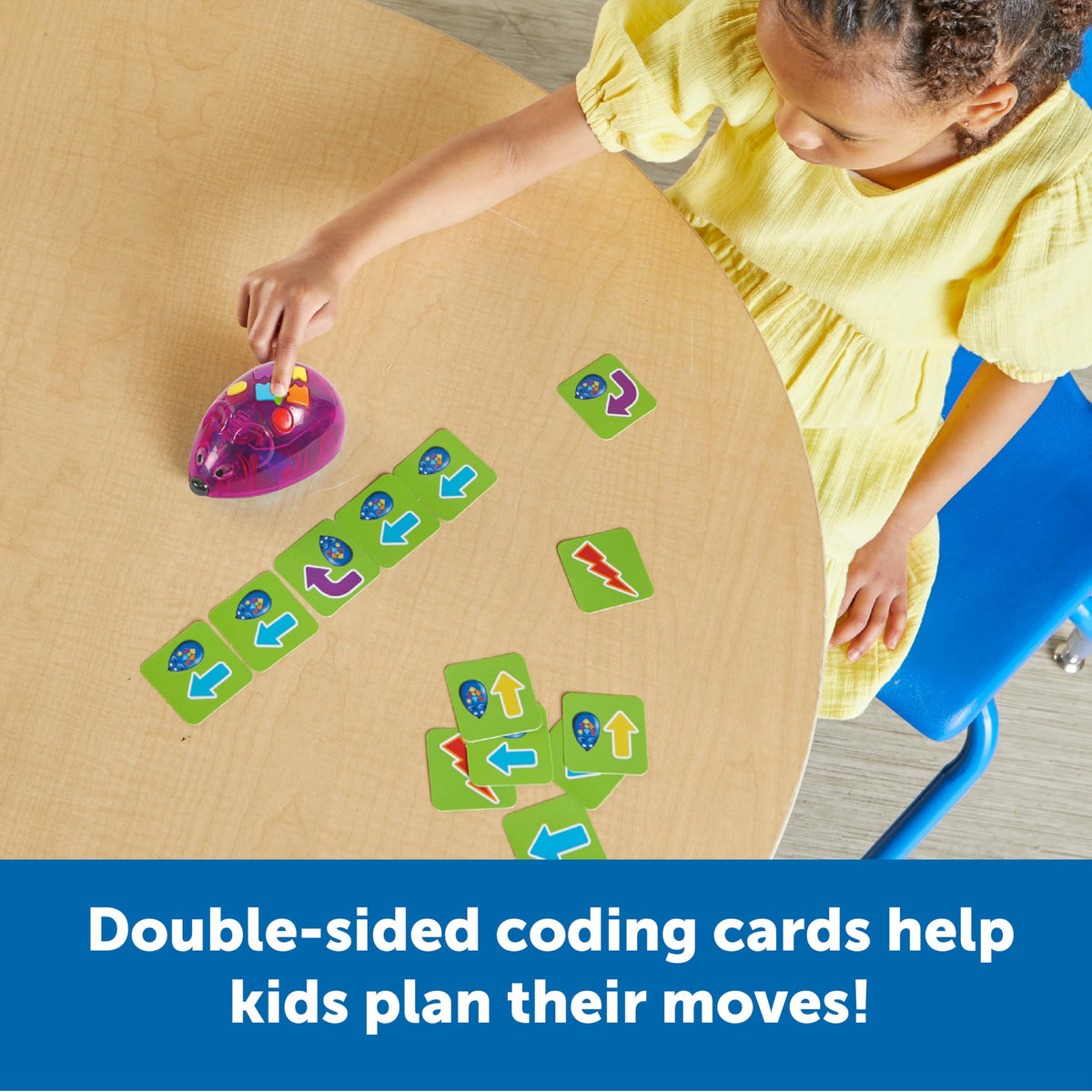 Learning Resources Rechargeable Code and Go Robot Mouse with colorful buttons supports easy card-based sequencing.