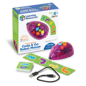 Learning Resources Rechargeable Code and Go Robot Mouse in front-angled view for tabletop coding fun.
