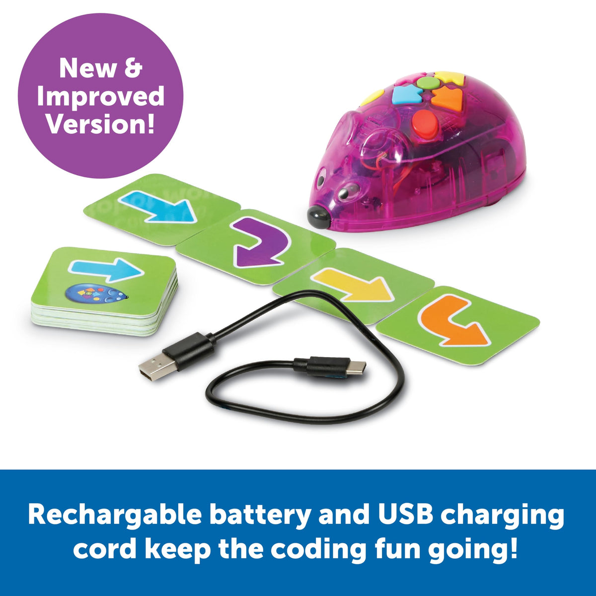 Learning Resources Rechargeable Code and Go Robot Mouse path cards guide runtime paths.