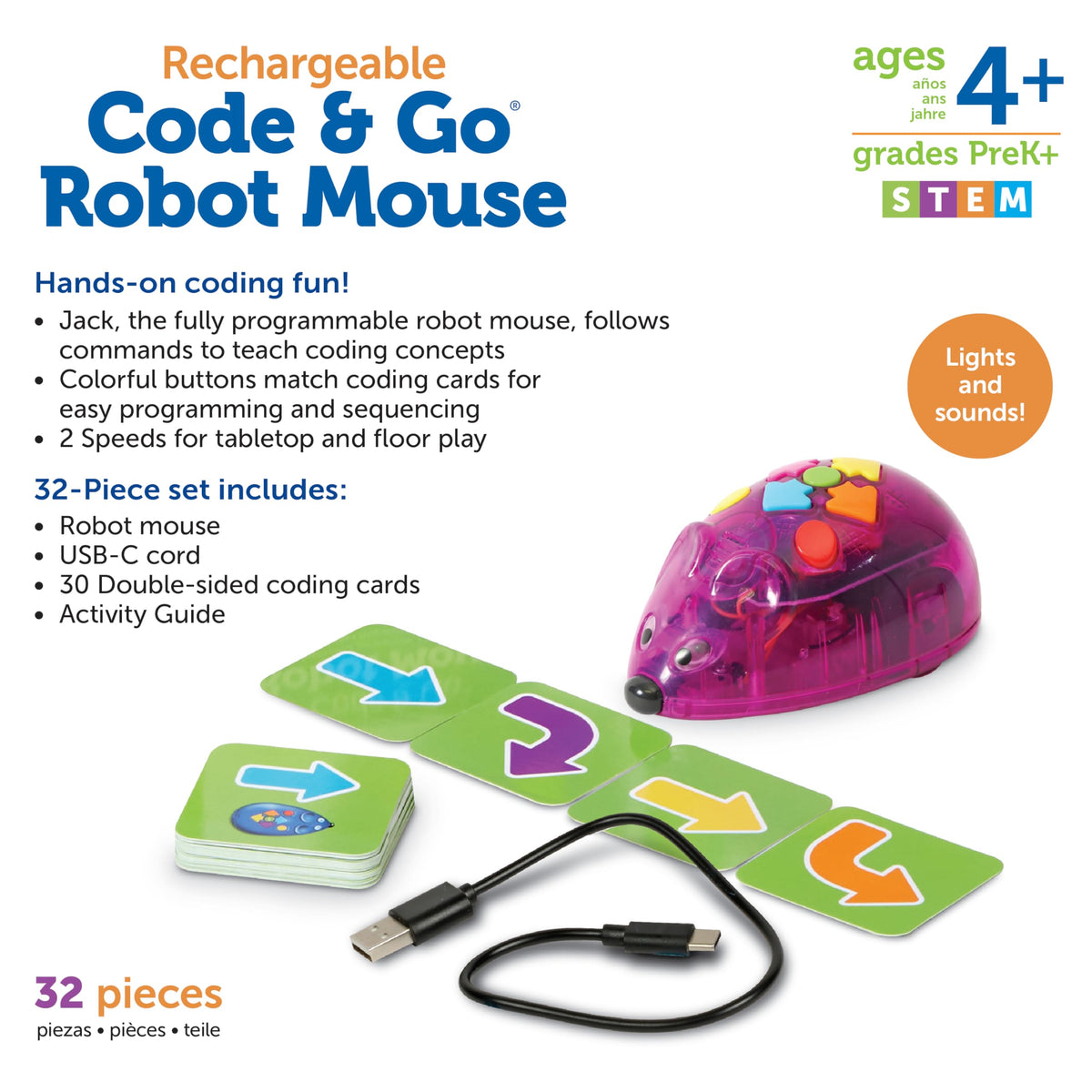Learning Resources Rechargeable Code and Go Robot Mouse charging cable simplifies extended play sessions.