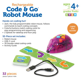 Learning Resources Rechargeable Code and Go Robot Mouse charging cable simplifies extended play sessions.