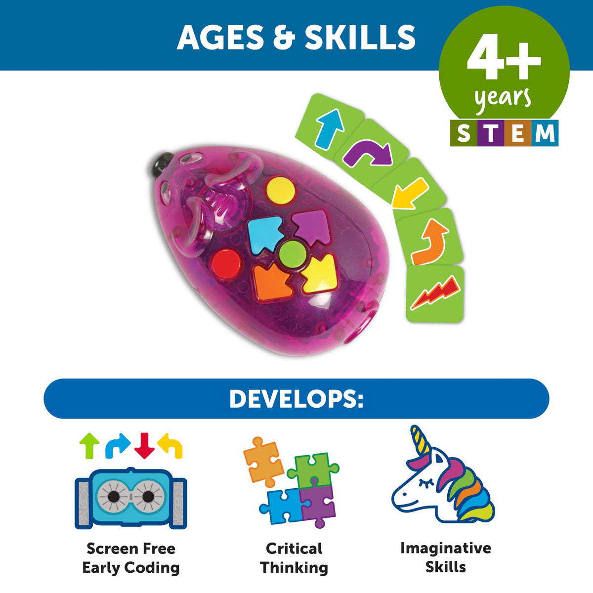 Learning Resources Rechargeable Code and Go Robot Mouse on table or floor offers versatile learning setups.
