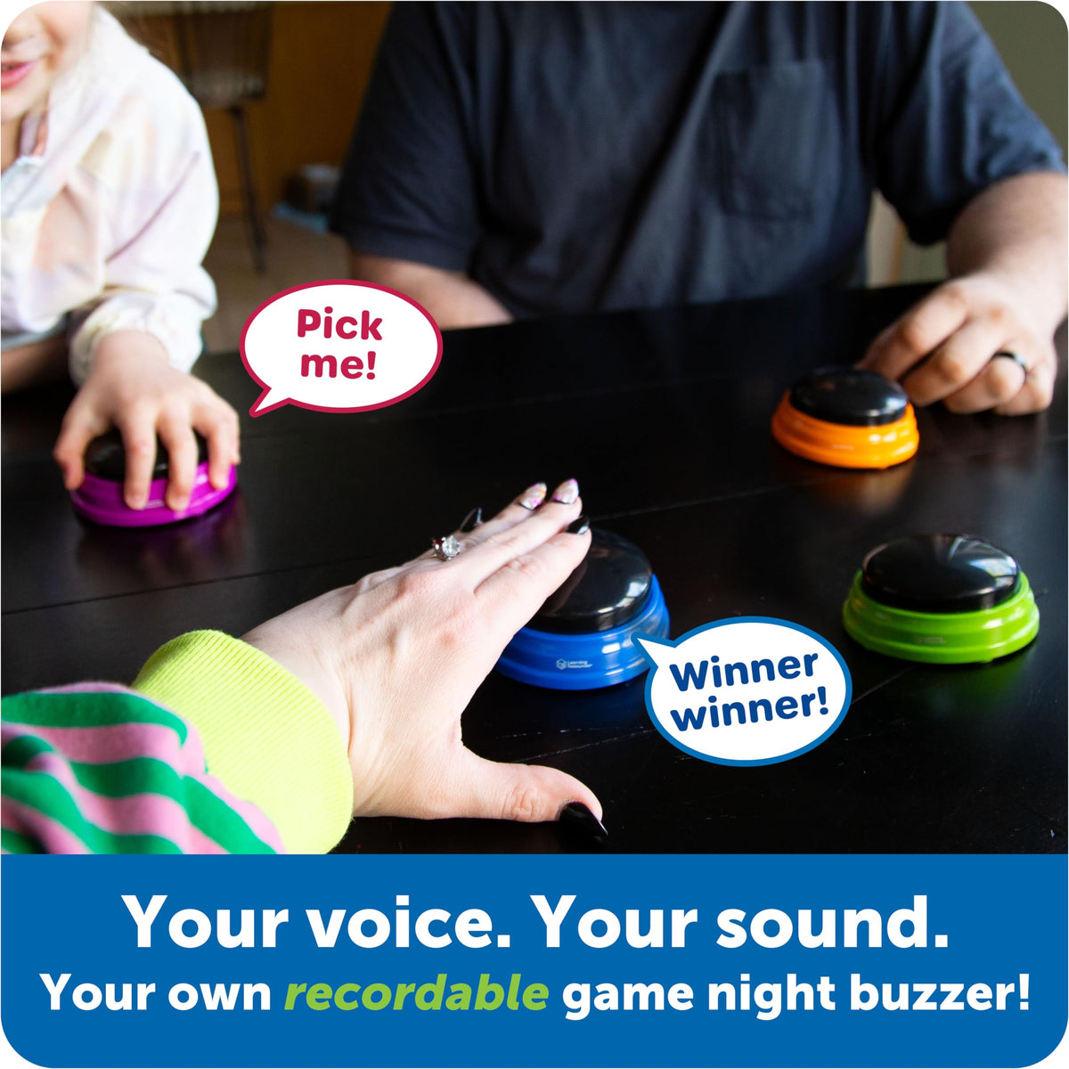 Learning Resources recordable answer buzzer blue front, supports inclusive participation for non-verbal learners
