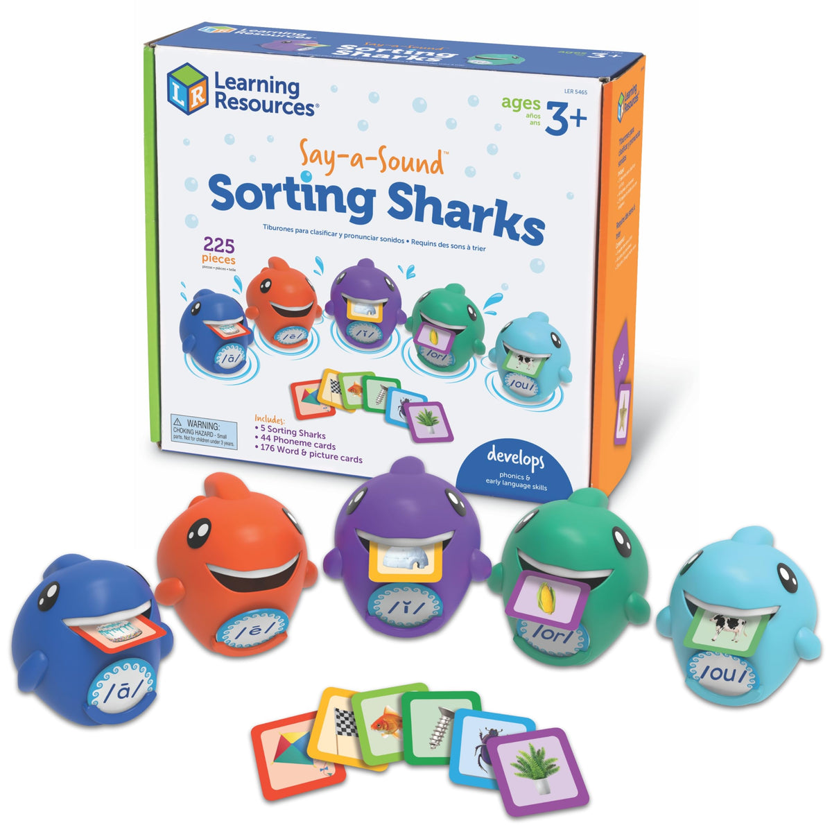 Learning Resources Say-a-Sound Sorting Sharks box keeps all pieces neatly organized.