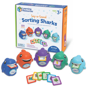 Learning Resources Say-a-Sound Sorting Sharks box keeps all pieces neatly organized.
