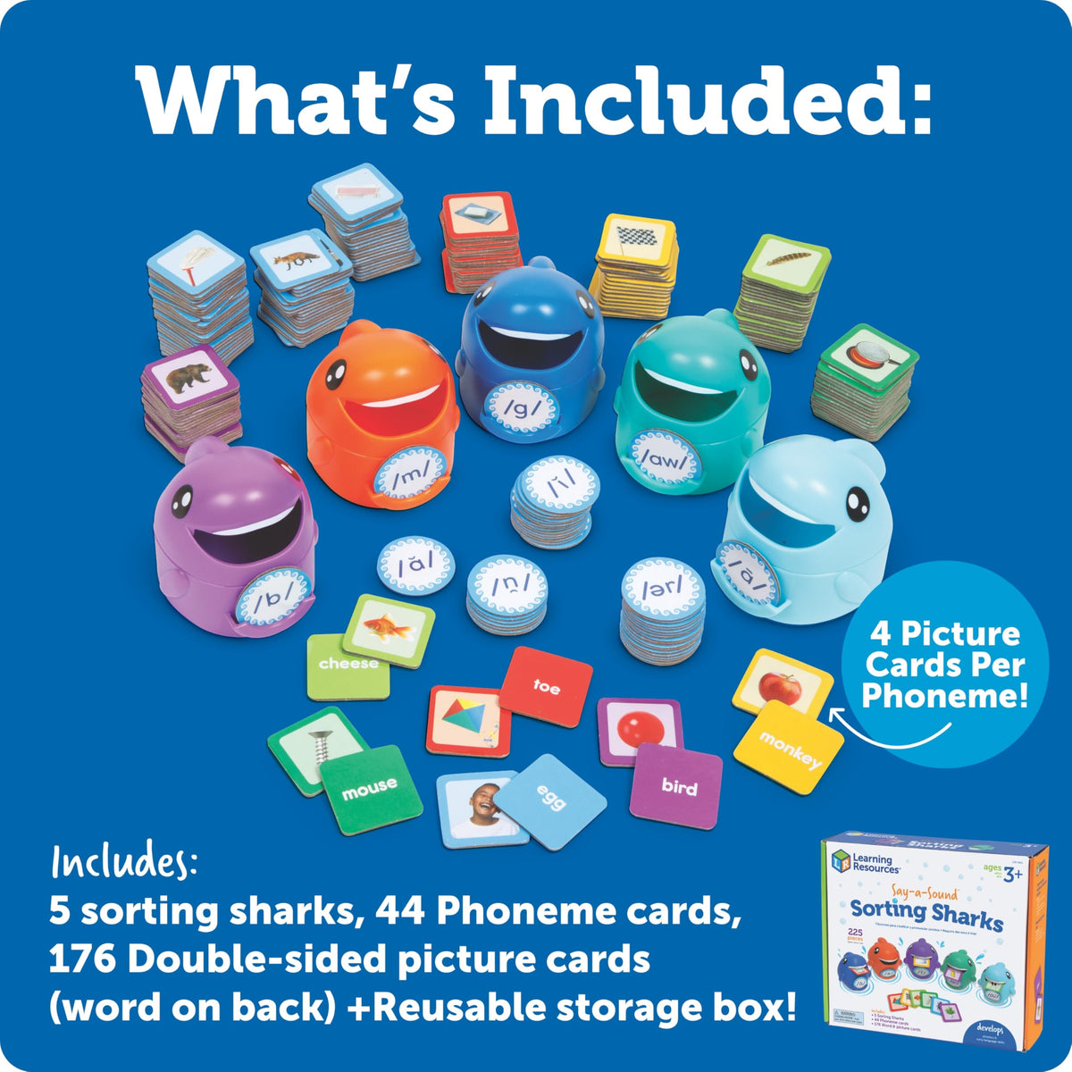 Learning Resources Say-a-Sound sharks are durable plastic for years of learning.