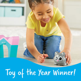 Learning Resources Scamper robot cat in action guiding kids through hands-on coding.