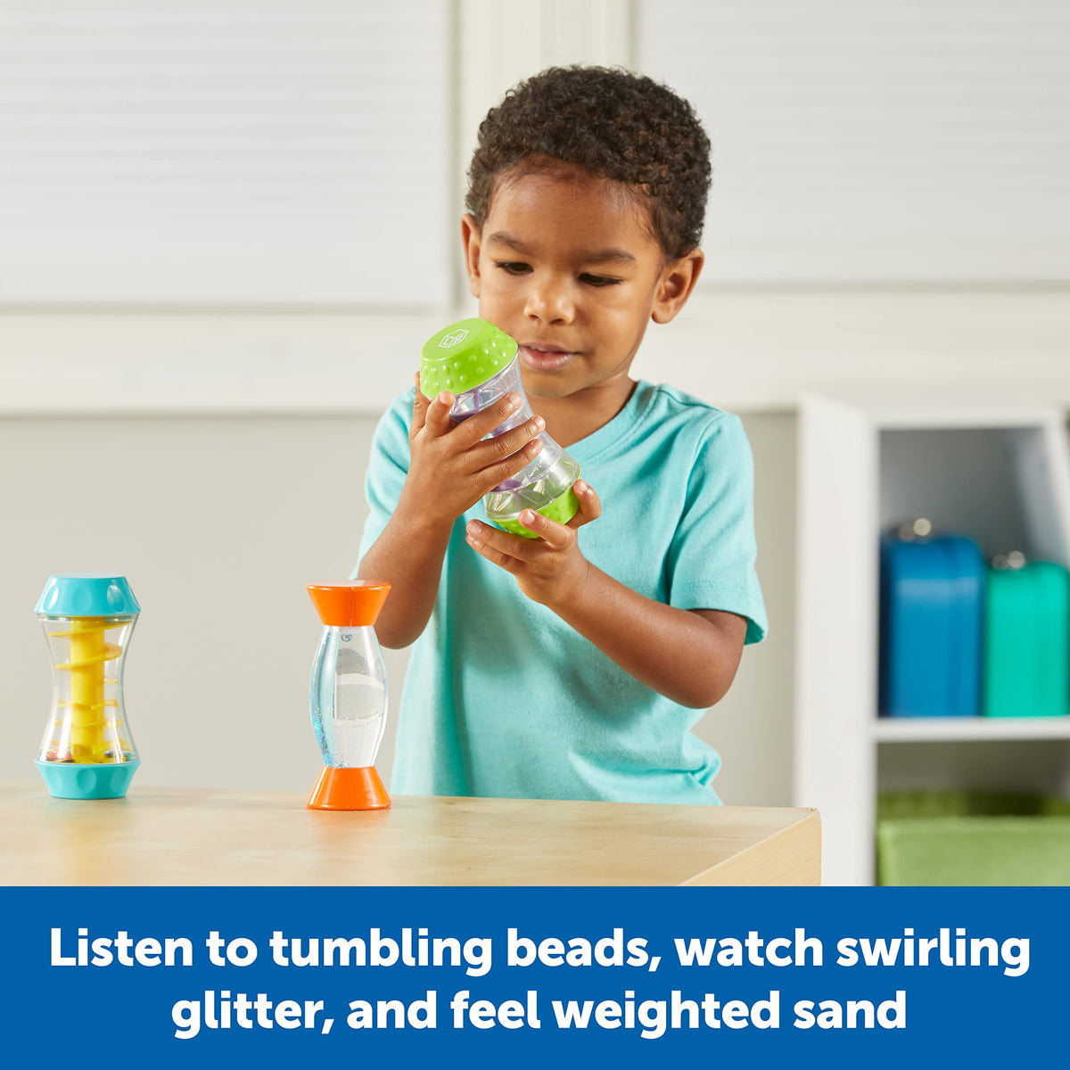 Learning Resources Sensory Trio Tubes twist-and-click mechanism adds interactive play.