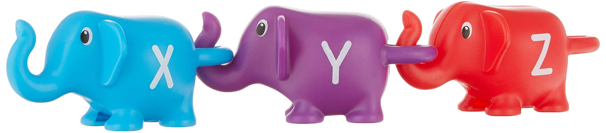Learning Resources Snap-N-Learn ABC Elephants stored in tub for quick cleanup.