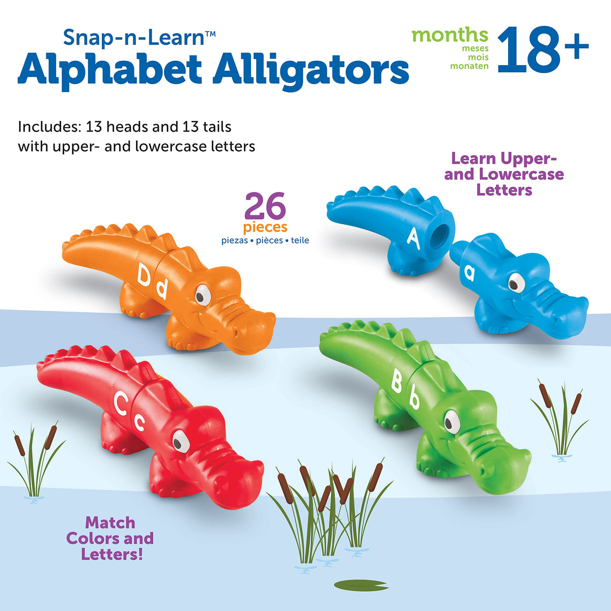 Double-sided letters on Learning Resources Alligators support uppercase and lowercase recognition