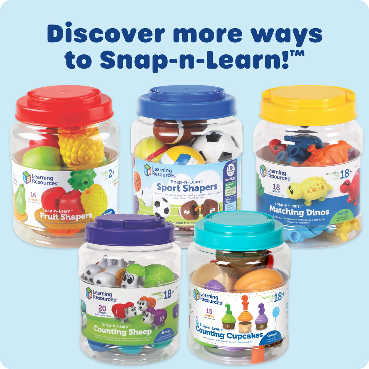 Learning Resources Snap-n-Learn Sports Shapers storage bucket for easy cleanup and portable play.