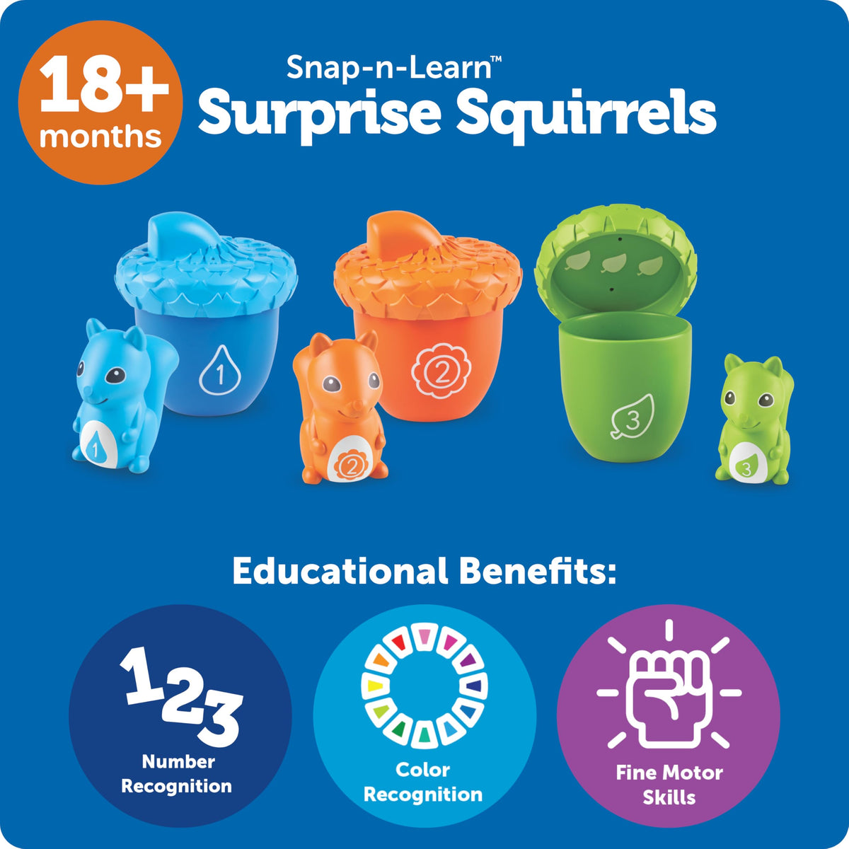 Learning Resources Snap-n-Learn Surprise Squirrels store neatly in a bucket.