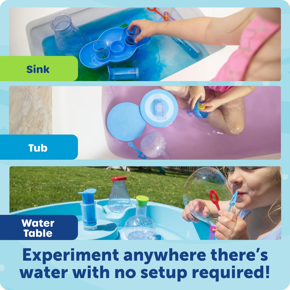 Water table setup with assorted pieces for tub and sink play.