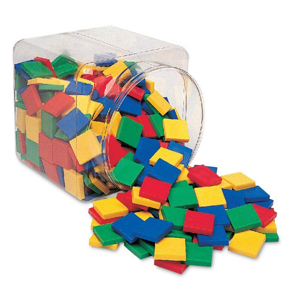 Learning Resources square color tiles arranged for color sorting and pattern exploration.