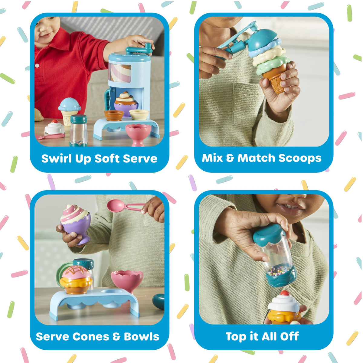 Learning Resources Swirly Scoops soft serve machine demonstrates swirl action for cooperative play.