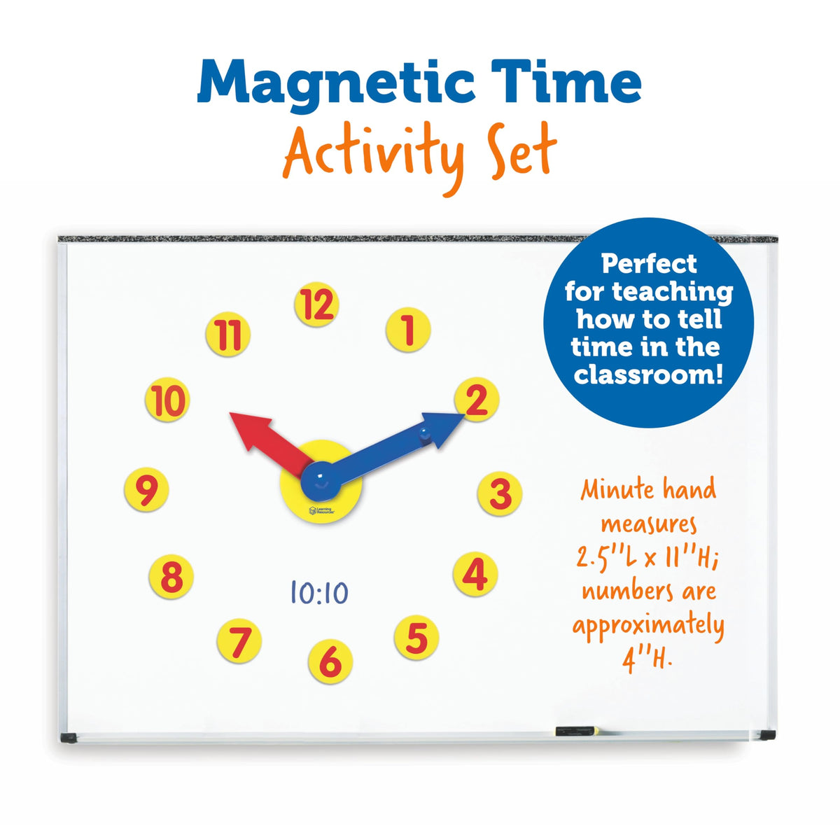 Learning Resources Time Activity Set supports classroom time-telling practice for grades K and up.
