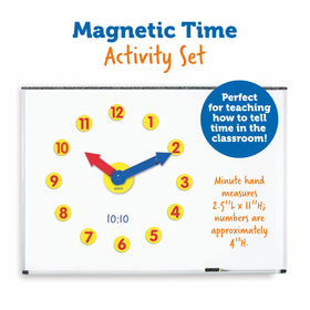 Learning Resources Time Activity Set supports classroom time-telling practice for grades K and up.